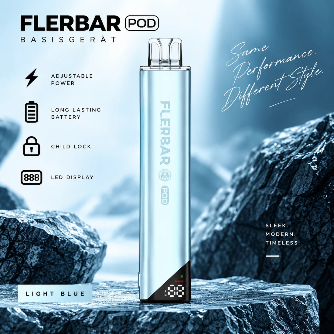 Flerbar M Pod Basisgerät – Light Blue | Akkuträger 650 mAh mit Display | Flerbar Pods | USB-C