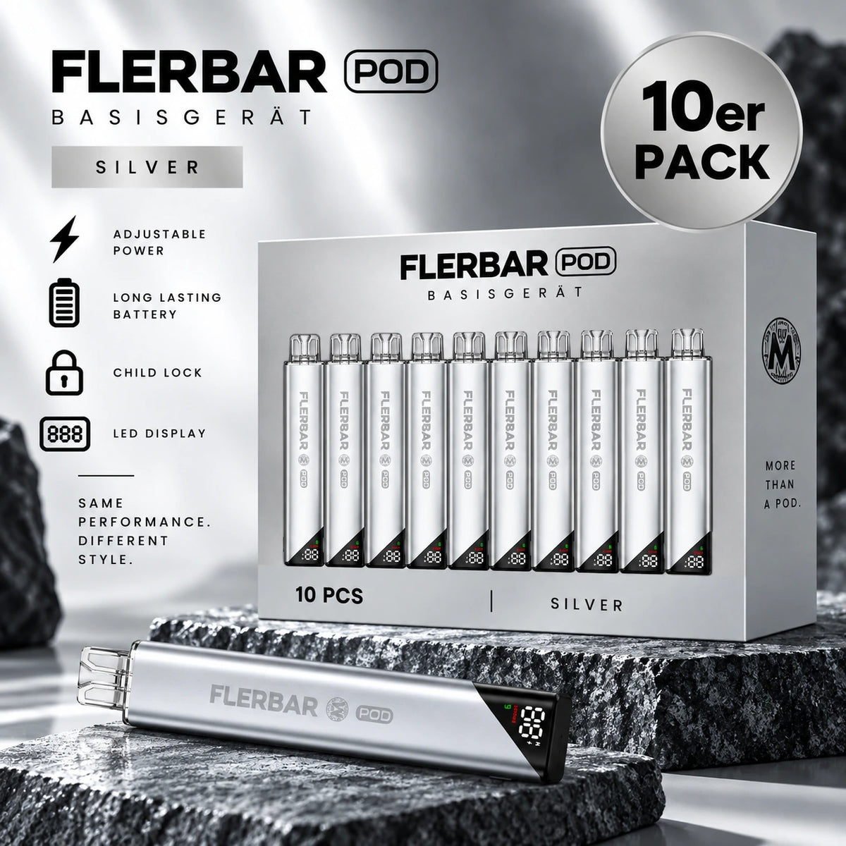 Flerbar M Pod Basisgerät Silver 10er Pack – 10 Akkuträger 650 mAh mit Display & USB-C, Mehrweg Pod-System für Flerbar M Pods (ohne Pods)