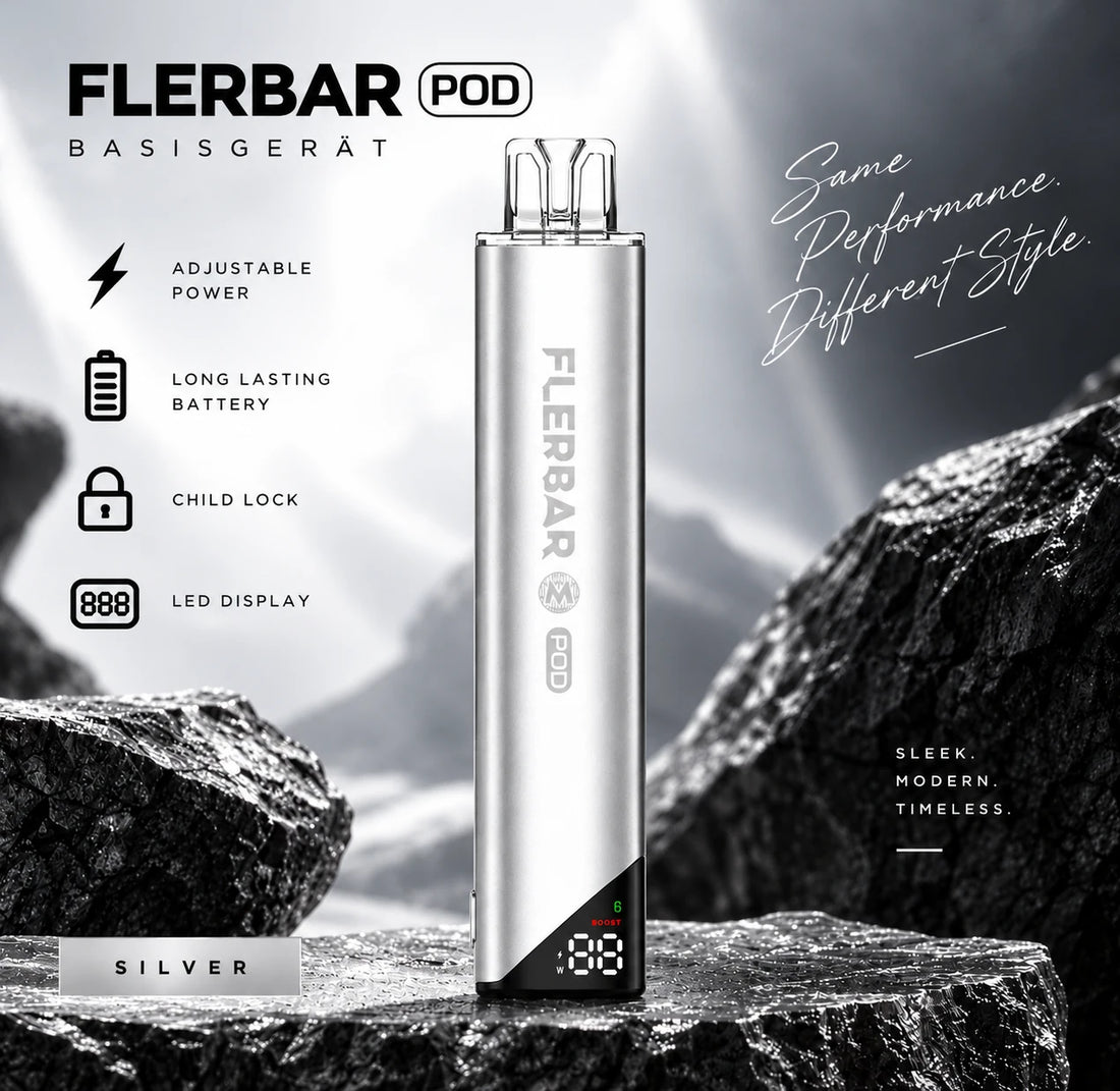 Flerbar M Pod Basisgerät Silver – Akkuträger / Akku 650 mAh mit Display, USB-C, Pod-System für Flerbar Pods (Pods separat)