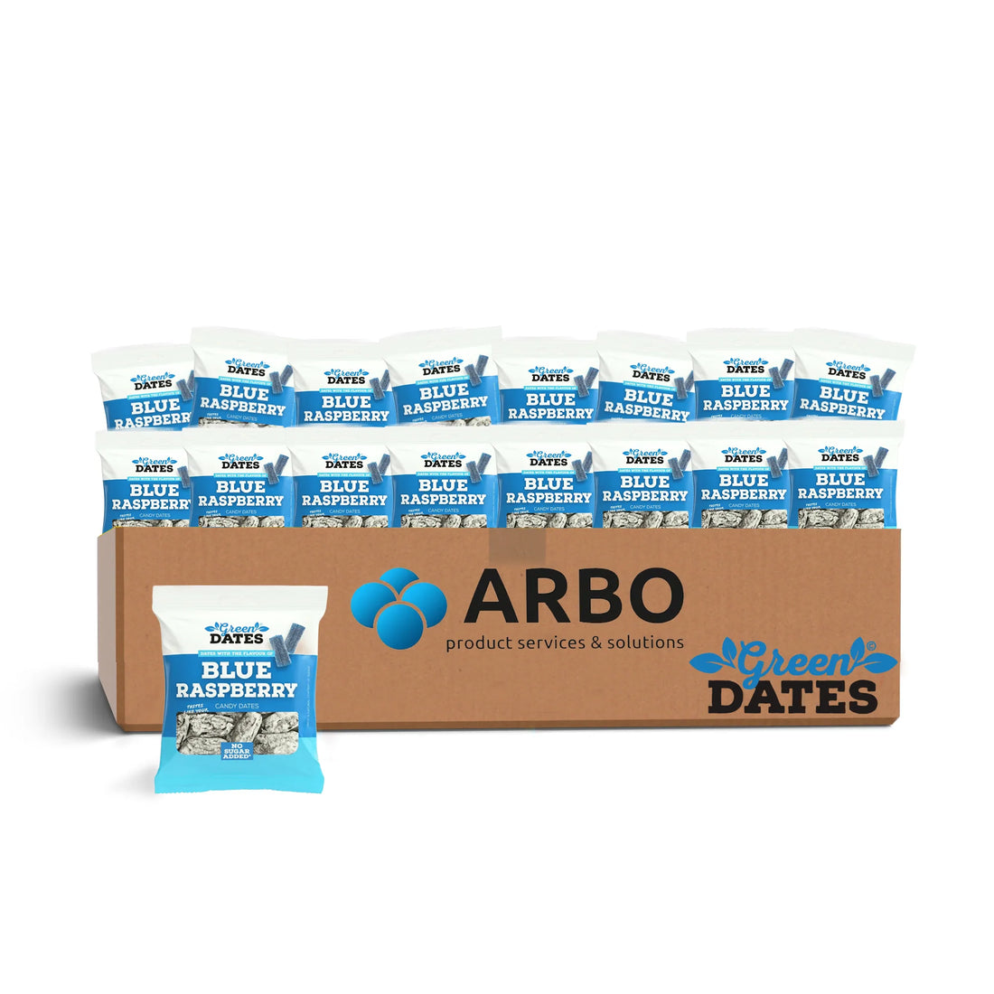 Green Dates Blue Raspberry 16er Displaykarton – blaue Himbeer-Datteln für den Großhandel bei ArBo Wholesale