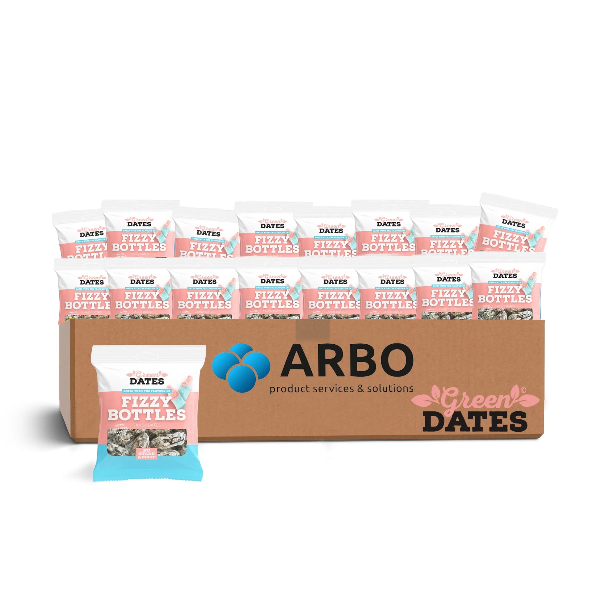 Green Dates Fizzy Bottles 16er Displaykarton – Brause-Datteln für den Großhandel bei ArBo Wholesale