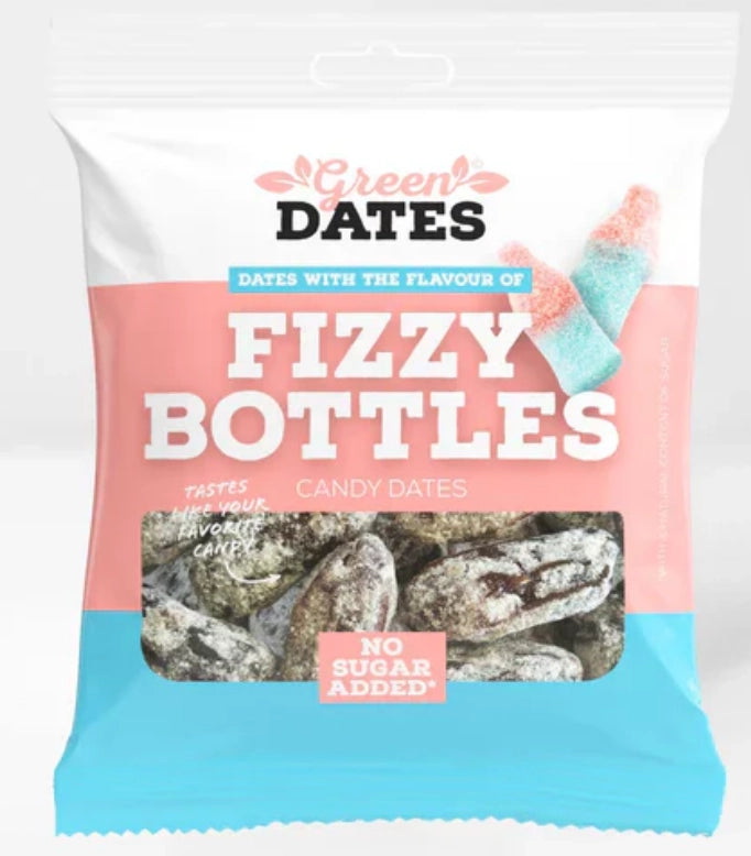 Green Dates Fizzy Bottles 90g Beutel von vorne – Datteln mit saurem Brausegeschmack, vegan