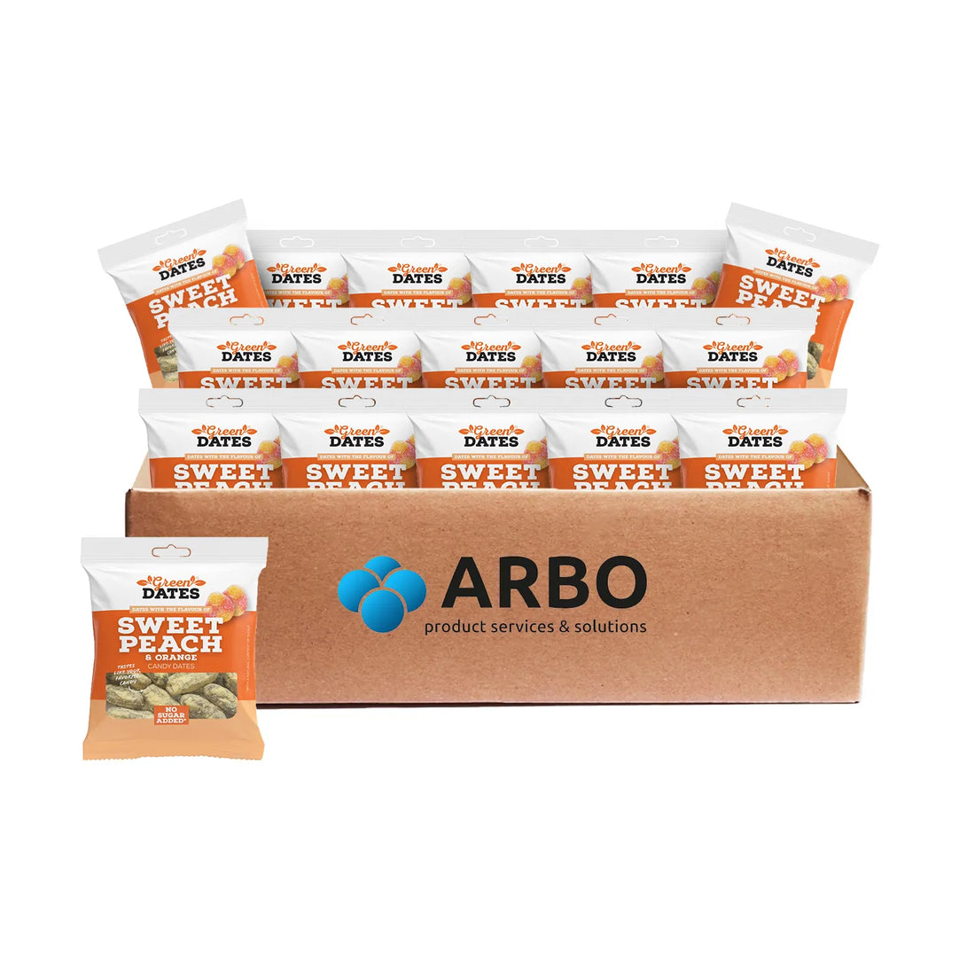 Green Dates Peach Orange 90g 16er Pack – Datteln Großhandel Pfirsich Orange B2B Kiosk ArBo Wholesale