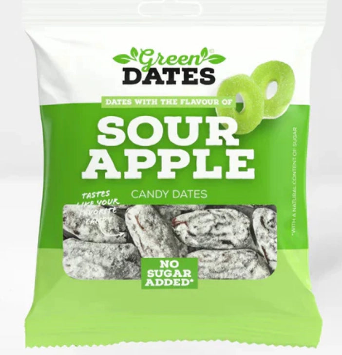 Green Dates Sour Apple 90g Beutel von vorne – Datteln mit saurem Apfelgeschmack, vegan