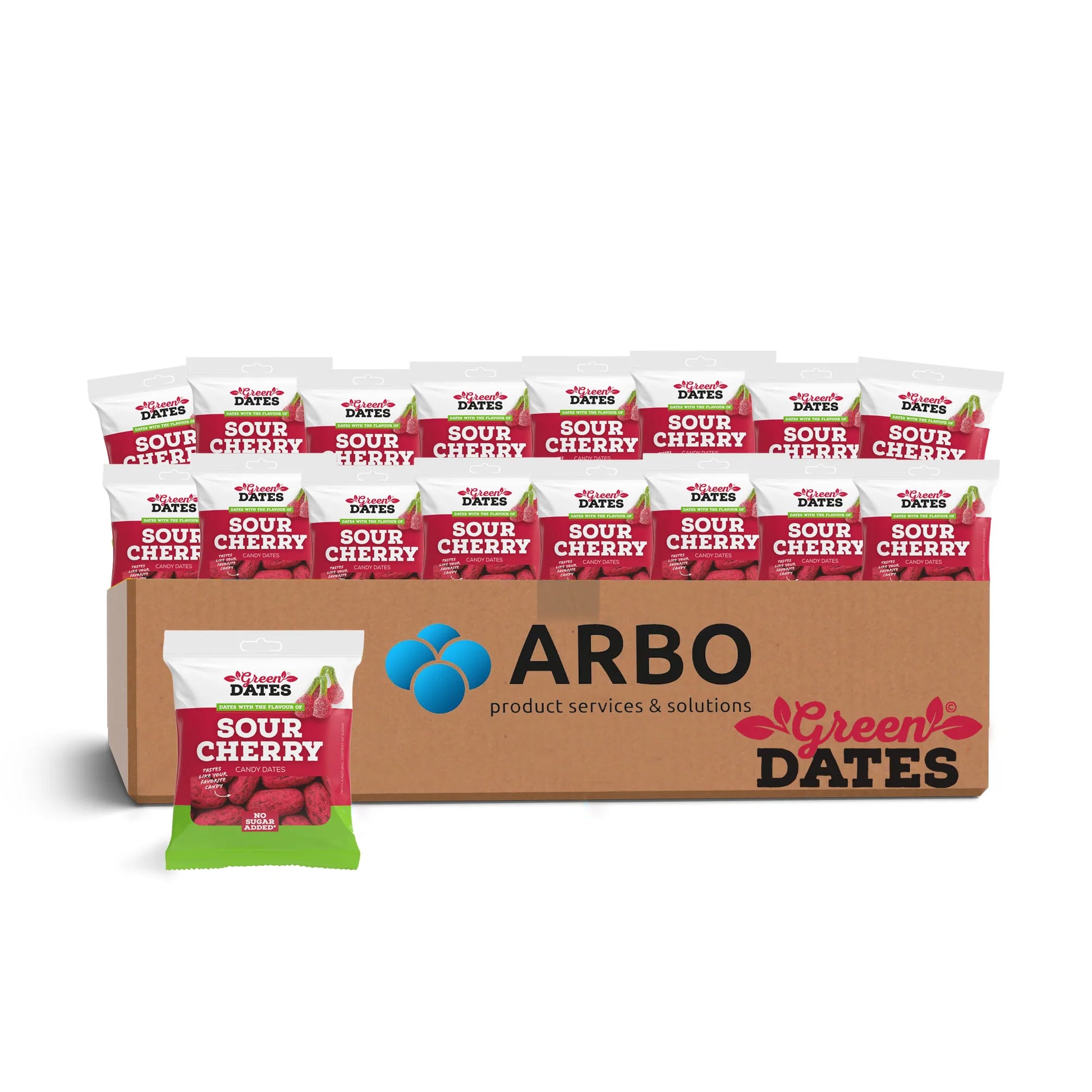 Green Dates Sour Cherry 90g 16er Display – Kirsch Datteln Snack Großhandel bei ArBo Wholesale
