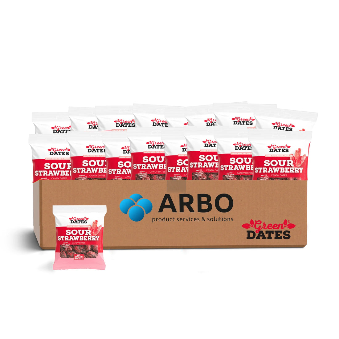 Green Dates Sour Strawberry 90g 16er Display – Erdbeer Datteln Snack Großhandel bei ArBo Wholesale