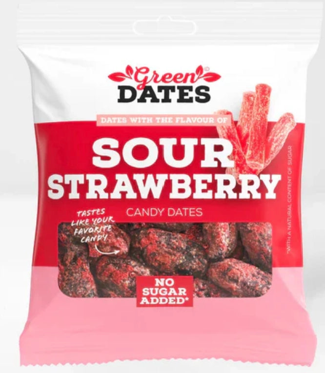 Green Dates Sour Strawberry 90g 16er Display – Erdbeer Datteln Snack Großhandel bei ArBo Wholesale