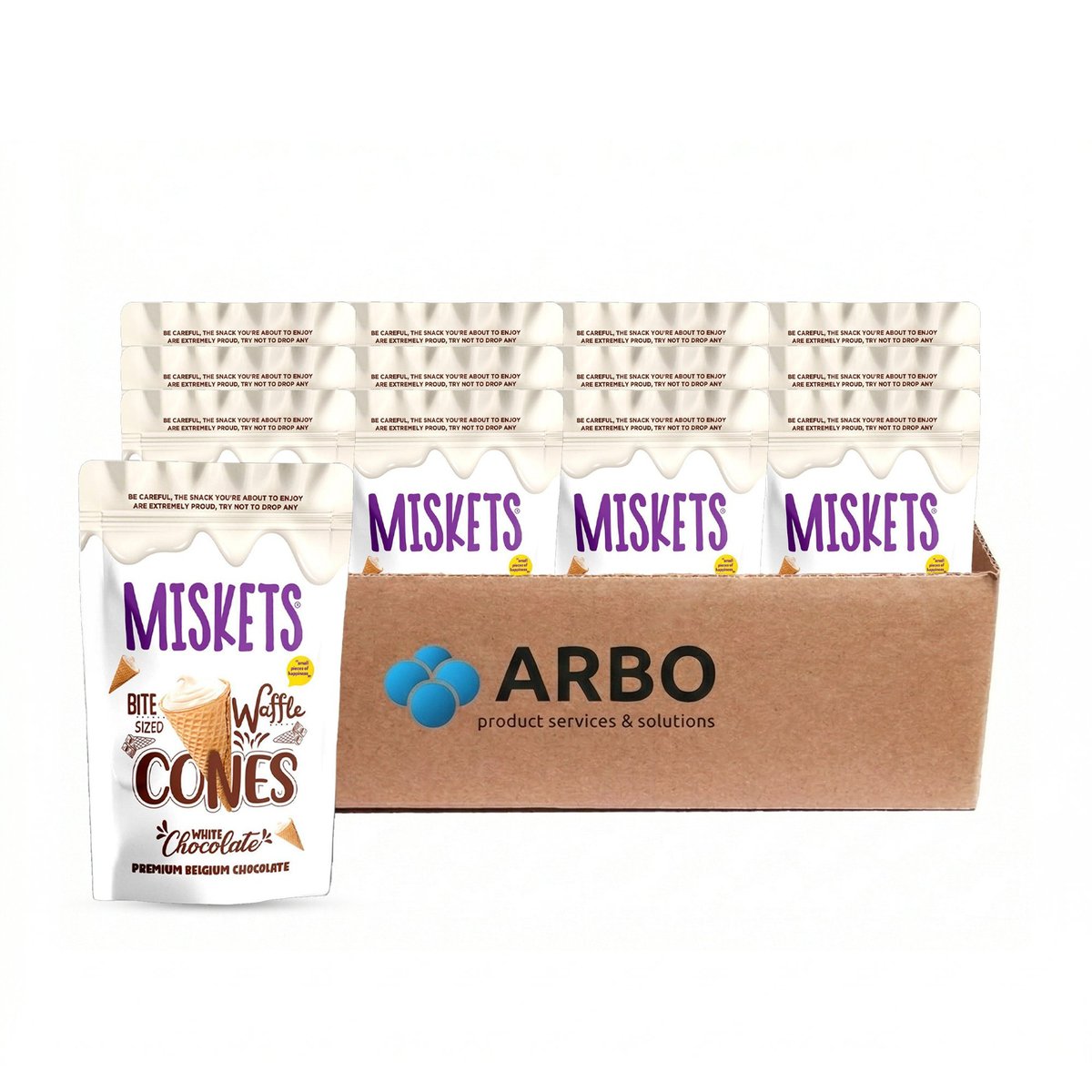 Miskets Bite Sized Waffle Cones White Chocolate – Karton 12x70g Waffelhörnchen belgische weiße Schokolade halal Großhandel