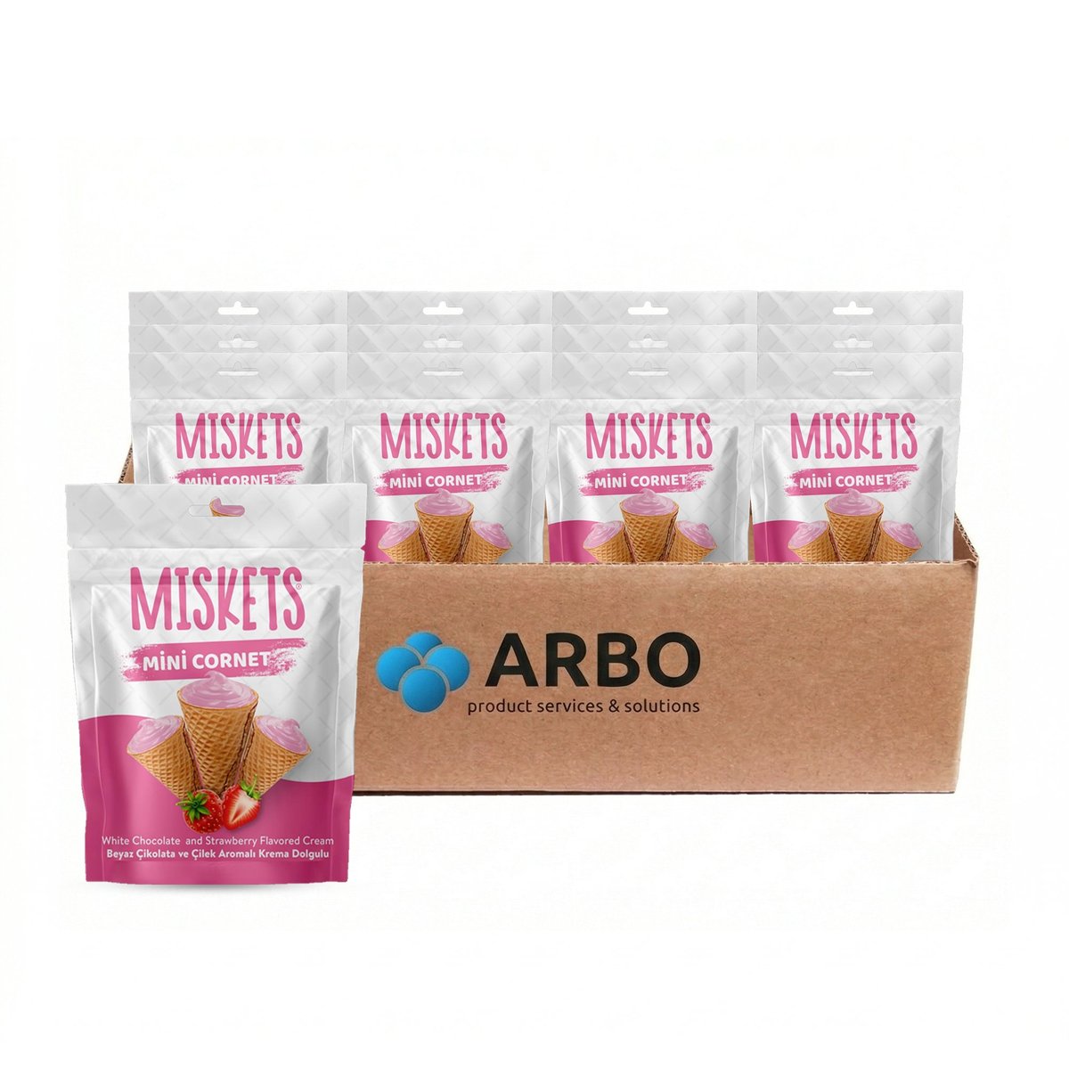 Miskets Mini Cornet White Chocolate Strawberry – Karton 12x50g Waffelhörnchen Erdbeercreme weiße Schokolade halal Großhandel