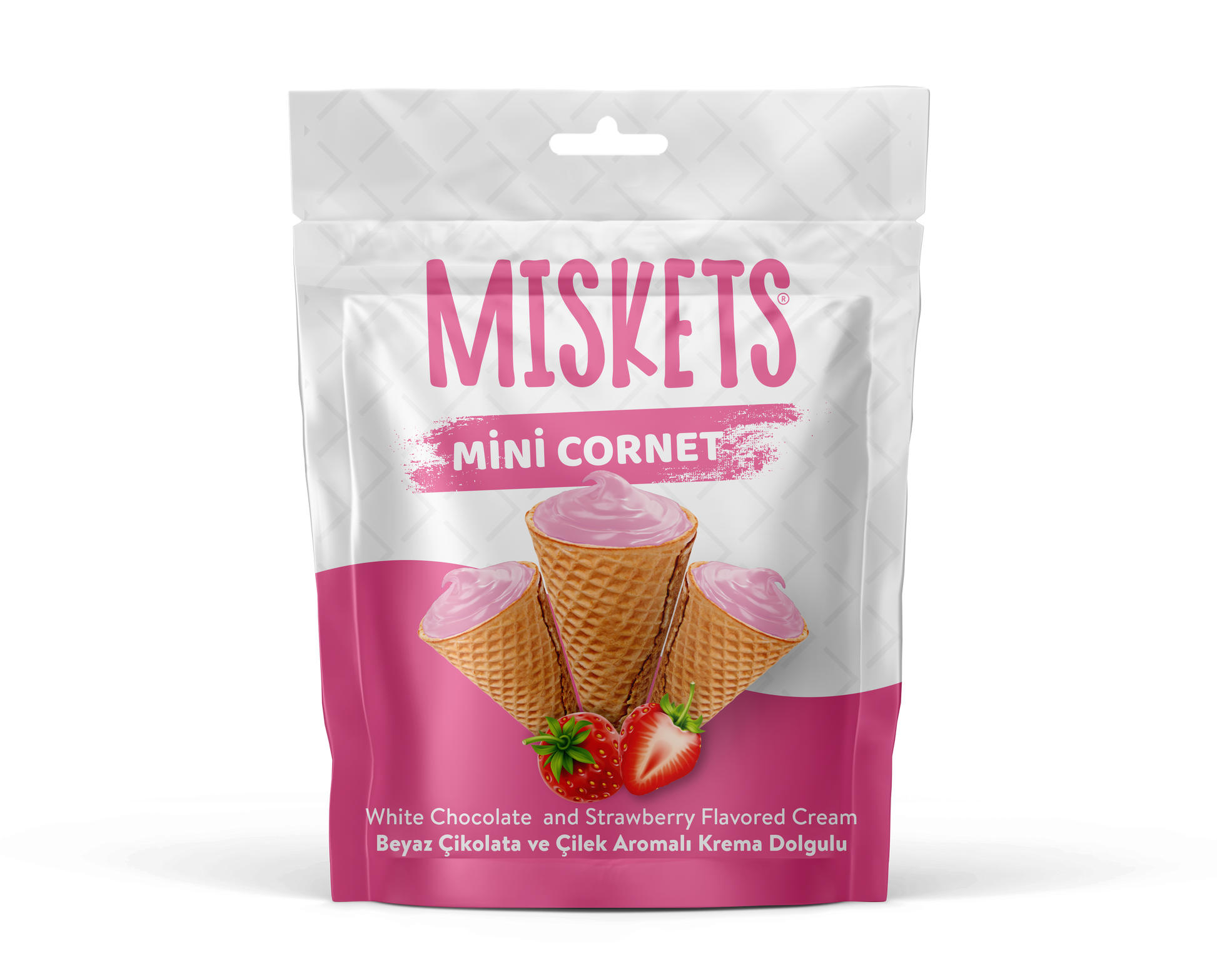 Miskets Mini Cornet White Chocolate Strawberry 50g – Waffelhörnchen Erdbeercreme weiße Schokolade halal
