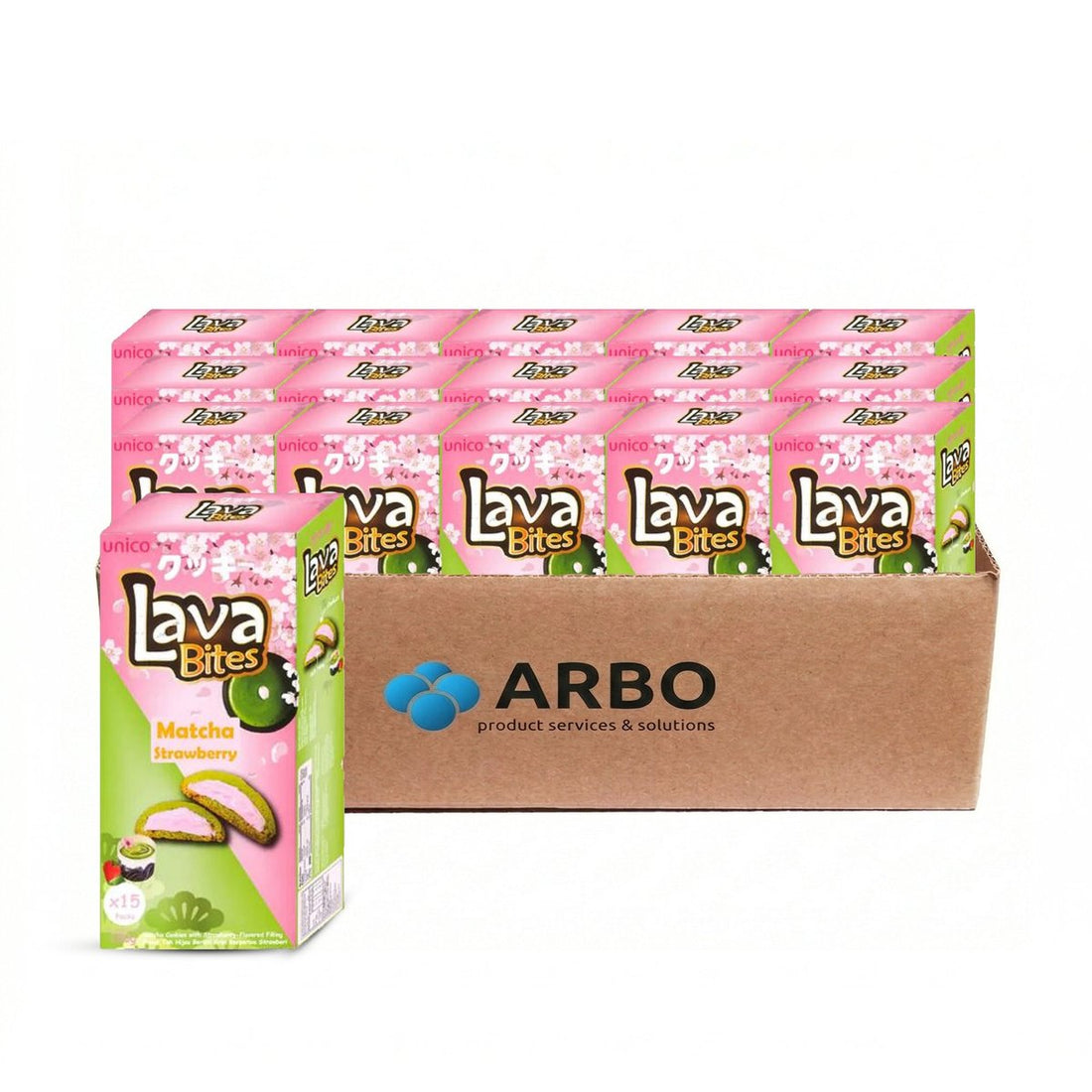Unico Lava Bites Matcha Strawberry 150g – Karton 15x150g Matcha Kekse Erdbeer Lava Füllung Großhandel
