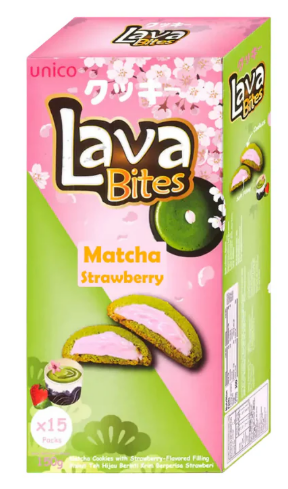 Unico Lava Bites Matcha Strawberry 150g – Karton 15x150g Matcha Kekse Erdbeer Lava Füllung Großhandel